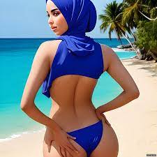sexy hijab babe in bikini showing back bent pose - Arthub.ai