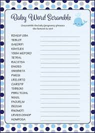 Baby Word Scramble Printable Download Navy Gray Whale Baby Shower Game B15007 Baby Words Baby Word Scramble Baby Shower Checklist