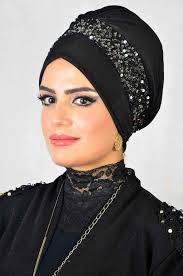 Aise Tesettur Siyah Simli Antrasit Pul Detayli Abiye Tesettur Bone Turban Basortusu Cizgili Elbise Islami Giyim