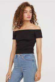 Ribbed Off The Shoulder Top Black Ladies H M Us Tops Black Tops Black Rib