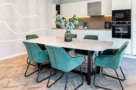 Green Velvet Dining Chairs White Oak And Concrete Kitchen Kitchen Design And Dining Area Market Concrete Dining Table Modern Dining Room Velvet Dining Chairs