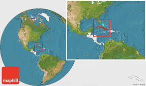Satellite Location Map of Cuba, highlighted continent, within the entire continent