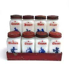 Vintage milk glass spice jars. Vintage Milk Glass Spice Jars Rack Shakers Red Top By Griffiths Farmhouse Kitchen Decoration Wall Decor Cabin Cottage Spice Racks Kitchen Storage Lifepharmafze Com