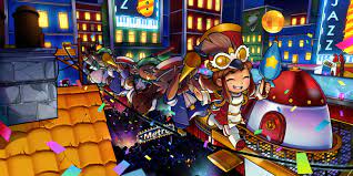 Safebooru A Hat In Time Balancing Belt Bird Bow Bowtie Brown Hair Cable Chimney City Cityscape Confetti Crowd Crowd A Hat In Time Hat In Time Hat In Time Art