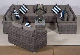 Giardino Havana 10 Seater Grey U Shaped Rattan Sofa Conversation Set 2 Seat Sofa Ice Drinks Outdoor Furniture Cover Small Living Room Decor Garden Sofa Set
