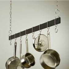 Pot Racks 48inch Hanging Bar Pot Rack With Black Finish And Chrome Bar Hooks Kitchensource Com Pot Rack Pot Rack Hanging Hanging Bar