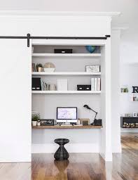 Storage Adjacent To Living Room With Hardwood Floor Home Office Space Home Office Design Office Nook