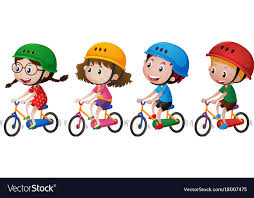 Four kids riding bike with helmet on Royalty Free Vector