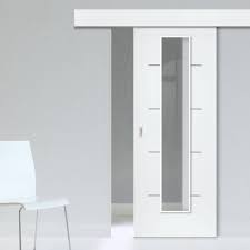 Thruslide Surface Eco Colour Blanco White Flush Sliding Door And Track Kit Clear Glass Aluminium Inlay Prefi Sliding Doors Flush Doors Contemporary Doors