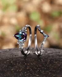 Pear Shape Alexandrite Black Leaf Engagement Ring Set, Black Gold  Alexandrite Floral Bridal Set, Rhodium Black Wedding Ring Promise Rings