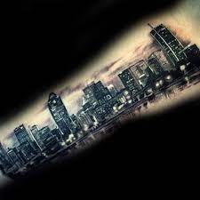 70 City Skyline Tattoo Designs For Men Downtown Ink Ideas Chicago Skyline Tattoo Skyline Tattoo Nyc Skyline Tattoo