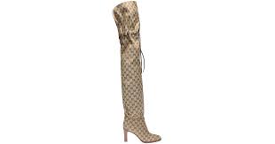 Gucci Leather Heeled Thigh High Boots In Natural Lyst New gucci gold brown leather alligator crocodile knee high otk boots shoes 7. gucci natural heeled thigh high boots