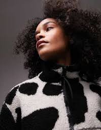 Topshop cow print zip up borg fleece jacket in multi