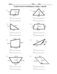 Free Perimeter And Area Of Parallelograms Triangles And Trapezoids Triangle Worksheet Perimeter Worksheets Area Worksheets