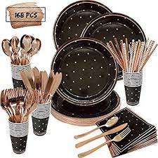 Black And Gold Party Plates Amazon Com Black And Rose Gold Party Supplies Set Services 24 With Rose Gold Cutlery Includes In 2020 Rose Gold Party Decor Rose Gold Party Supplies Rose Gold Paper
