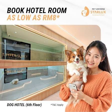 How do you spoil your pet? 🐶🐱 Book through our app and get RM20 OFF on Starlux  Pet Hotel or Grooming services! Download now and give your pet the ultimate  care. 💖