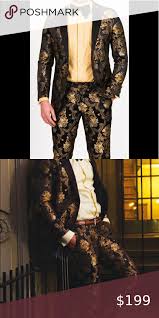 Men suit wedding gold black lapel tuxedo three pieces jacket pants vest. Pin On My Posh Picks