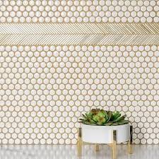 White Penny Tile Backsplash With Gold Grout Penny Tile Backsplash Penny Tile Penny Tiles Bathroom