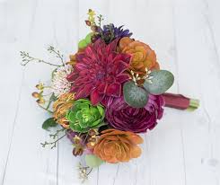 To hold it all together, a flowing silk ribbon was added for a personalized touch. Natural Touch Fall Woodland Bouquet Burgundy Wine Peonies And Succulents Silk Wedding Bouquet