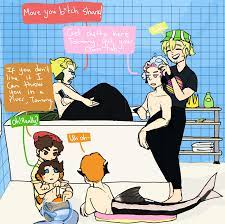 24918 - safe, artist:muanchu, oc, oc:fundy, oc:technoblade, animal  humanoid, clownfish, eel, fictional species, fish, flying fox (fish),  human, mammal, mermaid, shark, tiger shark, humanoid, minecraft, youtube,  2020, arguing, bathroom, bathtub ...
