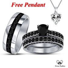 Black Diamond White Gold Plated 925 Silver Men S Women S Wedding Ring Trio Set Mi Boda Boda