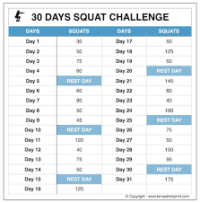 squat challenge chart for beginners printable