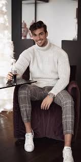 Black And White Checkered Pants Outfit Men Fall Outfit Inspiration With A White Turtleneck Gray Plaid Pants Silver Watch No Show Socks White Mens Winter Fashion Mens Fashion Classic Mens Casual Outfits