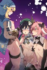 3boys astolfo (fate) astolfo (saber) (fate) black bow black  bowtie black gloves black hair black skirt black thighhighs blonde hair  blush bow bowtie braid bridget clothes lift clothes pull