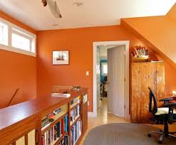 Game rooms, kitchens or accent walls in a modern space are perfect for an orange color. Portland Maine Burnt Orange Paint Color Home Office Eclectic With Recessed Lights Curtain Panel Pairs Clerestory Windows