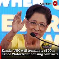 A United National Congress (UNC) government would find a way to terminate  the $300 million in housing contracts recently announced for the San  Fernando Waterfront Project. Read more:  https://www.guardian.co.tt/news/kamla-unc-will-terminate-300m-sando ...