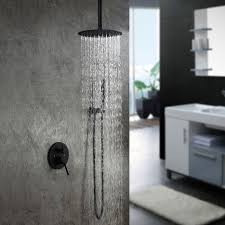 Contemporary Ceiling Mounted Round Rain Shower Head Shower Combo System With Handheld Shower Valve And Trim Included Matte Black In 2020 Rain Shower System Wall Mount Rain Shower Rainfall Shower Head