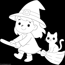 Cute Witch on a Broomstick - Free Printable Coloring Page