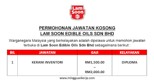 Jawatan kosong jabatan penjara malaysia 2021. Kerani Inventori Lam Soon Edible Oils Sdn Bhd