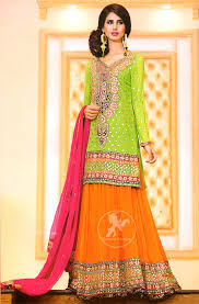 Bright Green Shirt Orange Lehenga Pink Dupatta For Mehndi Orange Lehenga Mehendi Outfits Fancy Frocks