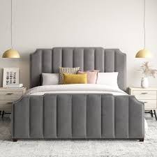 Pink + gray + black. Elof Velvet Upholstered Standard Bed Upholstered Bedroom Grey Bed Frame Grey Upholstered Bed