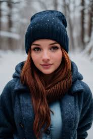 A close up of a woman with red hair and a jacket