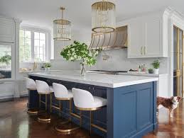 Gold Stools At Blue Kitchen Island