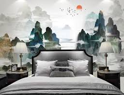 Decoration D Interieur Style Japonais Sticker Mural Xxl Paysage Zen La Montagne Dans Les Nuages Au Lever Du Soleil Atelier Wybo Deco Chambre Parents Papier Peint Deco Asiatique