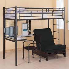 Talk about a great way to improve your kid's bedroom with this light metal framed bed features a slim but deep desk below the upper bunk, with a perpendicularly mounted lower twin bed. Coaster Max Twin Over Futon Metal Bunk Bed With Desk In Black Finish 2209 2335m