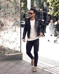 Men S Black Leather Biker Jacket White Crew Neck T Shirt Black Skinny Jeans Grey Suede Chelsea Boots Leather Jacket Men Style Grey Suede Chelsea Boots Mens Casual Outfits