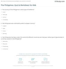11 filipino language quizzes and 120 filipino language trivia questions. The Philippines Quiz Worksheet For Kids Study Com