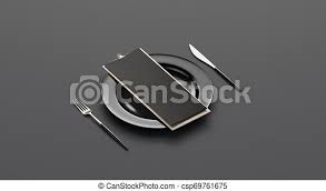 Download Blank Black Cafe Menu Mockup On Plate With Cutlery Side View Isolated 3d Rendering Clear Booklet Holder On Wooden With Canstock