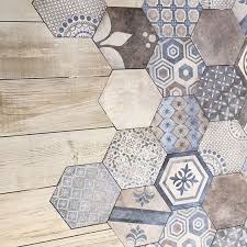 Hexagonal Ceramic Tiles And Wood Tiles Hexagonal Decoration Wood The Design Walker In 2020 Leftover Tile Flooring Kitchen Flooring