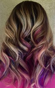 Blue Pink And Purple Peekaboo Highlights On Blonde Hair By Genna Khein Www Gennakhein Com Purple Peekaboo Highlights Blonde Hair With Highlights Hair