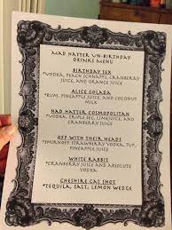 You could take inspiration from the original lewis carroll book, which has some wonderful illustrations by john tenniel, the classic walt disney cartoon, which uses lots of bright colors, or the recent tim burton film, which has a more fantastical and surreal style with slightly more muted pastel tones. Drinks Menu Alice In Wonderland Themed Or For The Food Menu I Love It Alice In Wonderland Tea Party Birthday Birthday Drinks Alice In Wonderland Tea Party