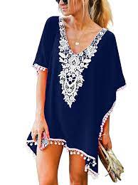 Adreamly Women S Pom Pom Trim Kaftan Crochet Chiffon Swimwear Bathing Suit Beach Cover Up Free Size Navy Beach Swimsuit Cover Beach Swimsuit Plus Size Swimwear