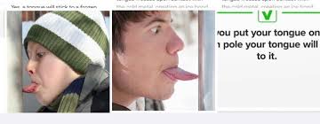 Licking metal poles in cold winter