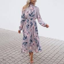 Radiez Elegant Long Sleeve Mock Neck Floral Midi Dress In 2020 Pleated Dress Floral Wrap Maxi Dress Midi Ruffle Dress