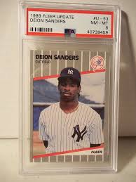 Deion sanders (08/09/67) played for the atlanta falcons sanders has rookie cards from his time with the falcons and the yankees, although they were all produced. 1989 Fleer Update Deion Sanders Rookie Psa Nm Mt 8 Baseball Card U 53 Mlb Newyorkyankees Baseball Cards Baseball Cards