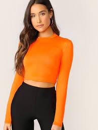 Neon Orange Mock Neck Solid Crop Tee Neon Outfits Orange Shirt Outfit Long Sleeve Cropped Tee